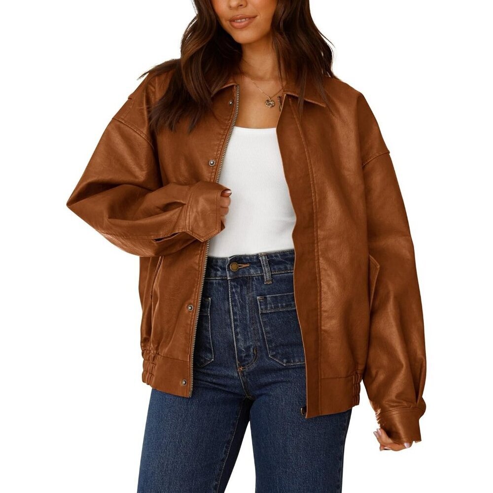 Women's Brown Faux Leather Motorcycle Jacket Trendy Fall Spring Clothes Zip Up